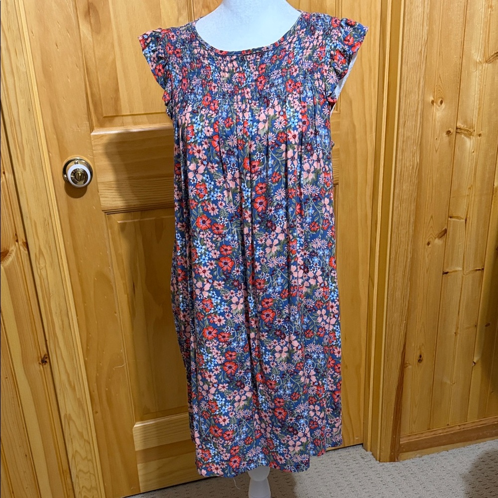Copper Key Blue & Pink Floral Medium Mini Dress With Smocking & Flutter Sleeves.